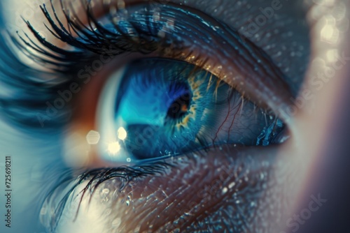 A close up view of a person's blue eye. This image can be used in various projects and designs