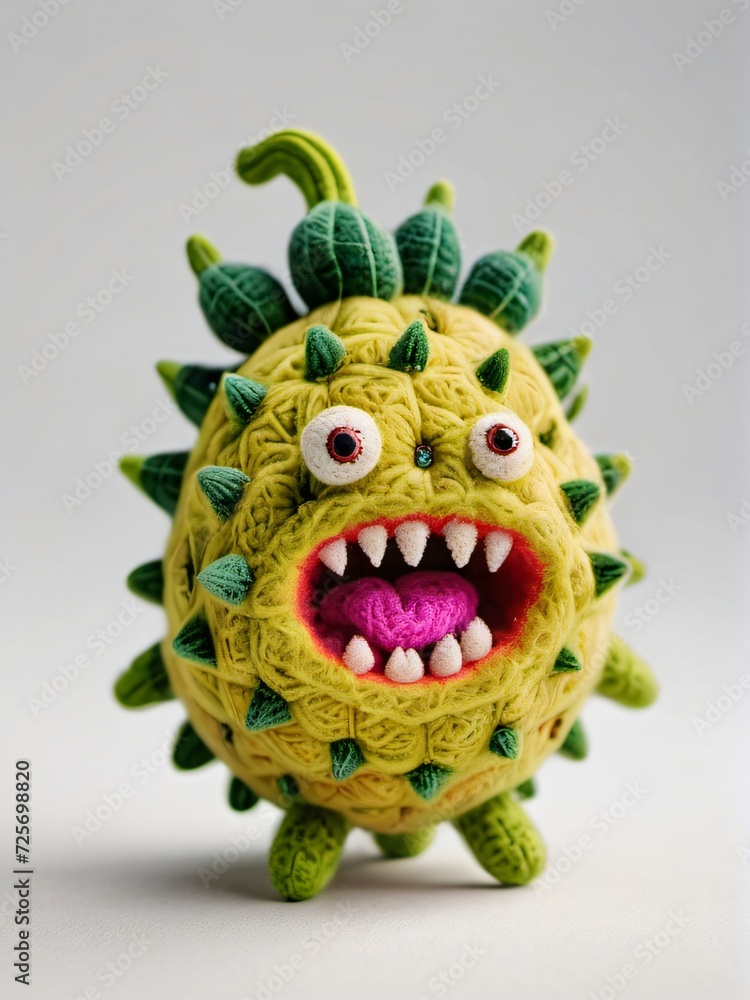 Fototapeta premium Photo Of A Needle-Felted Cartoon Horned Melon Character Isolated On A White Background