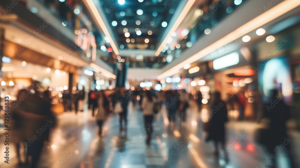Abstract blurred photo of many people shopping inside department store or modern  shopping mall. Urban lifestyle and black Friday shopping, motion, speed, blurred, group, city, modern - obrazy, fototapety, plakaty 