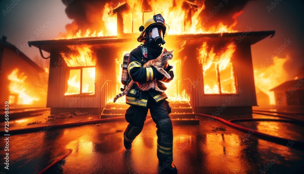 A firefighter carrying a cat out of a burning house A firefighter carrying a cat out of a burning house
