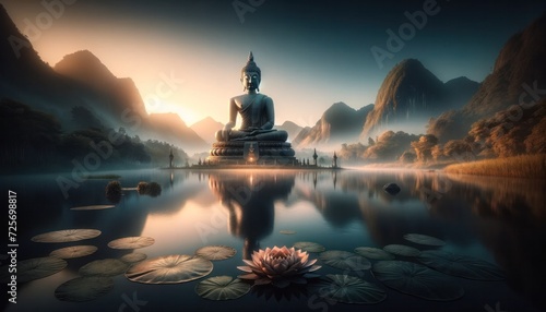 A large Buddha statue seated in a lotus position, surrounded by a tranquil landscape of mountains and a calm body of water © Oleg Kozlovskiy