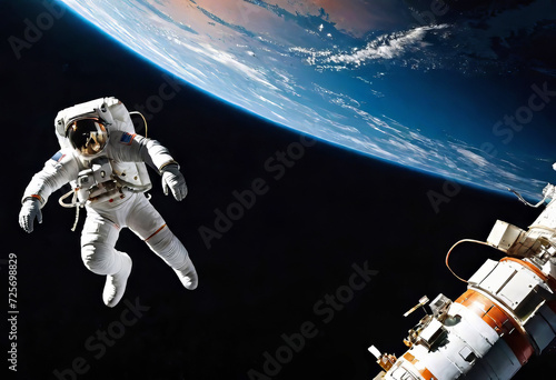 astronauts performing spacewalk in deep space  repair work on station in space  work in space  advanced technologies 