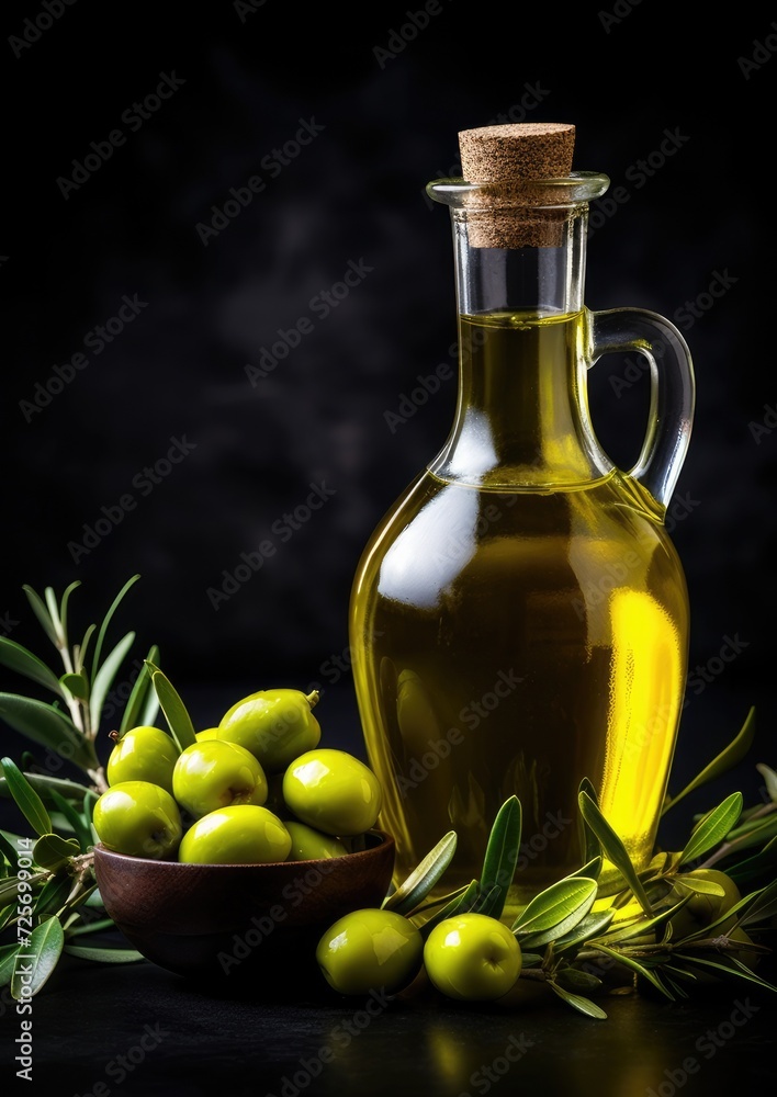 Fresh bio olive oil in glass bottle with ripe olives, healthy food farm concept. Generative Ai. Fresh bio olive oil in glass bottle with ripe olives, healthy food farm concept. Generative Ai.