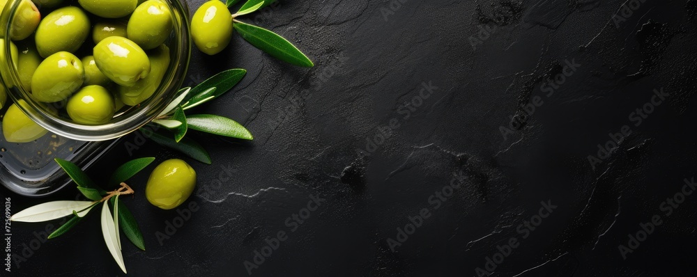 Many fresh and ripe green olives with detailed water drops, bio food panorama banner. Generative Ai. - obrazy, fototapety, plakaty 