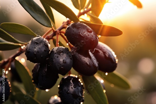 Fresh bio black olives in olives tree farm, healthy food concept with sunset. Generative Ai.