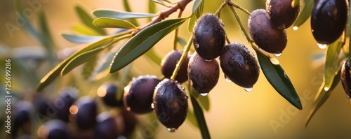 Fresh bio black olives in olives tree farm, healthy food concept panorama with sunset. Generative Ai.