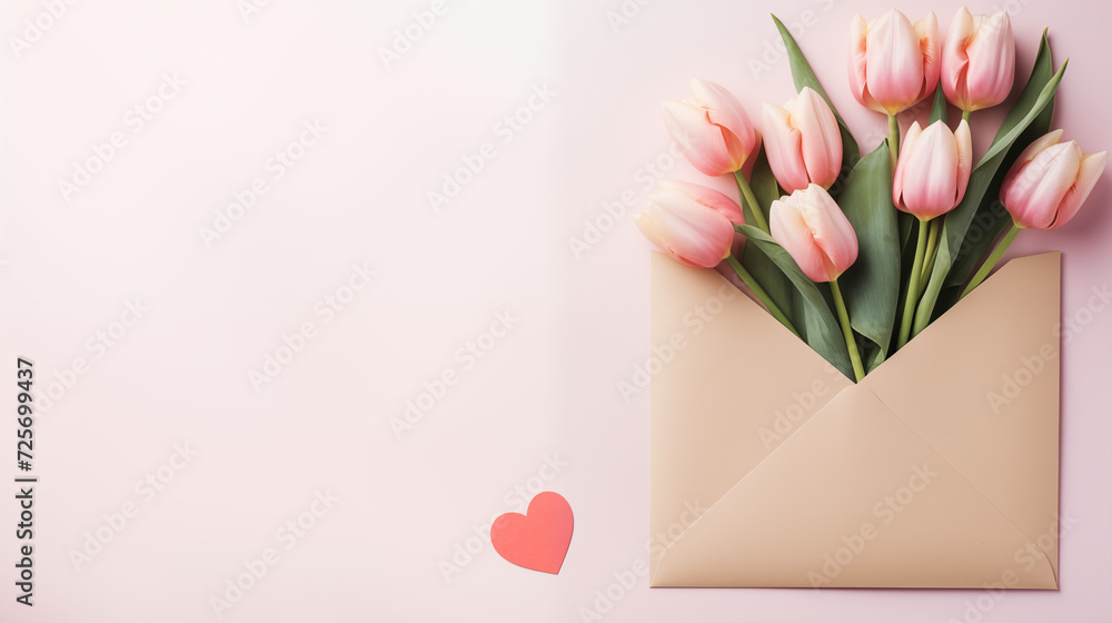 Walentynki - tło na życzenia. Mockup, szablon z tulipanami,  kopertą i listem z wyznaniem uczuć miłości. Kwiaty dla zakochanej kobiety - obrazy, fototapety, plakaty 