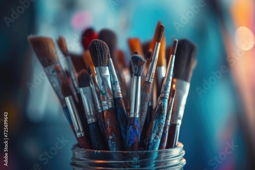 A collection of paint brushes neatly arranged in a jar, placed on top of a table. Suitable for art and creativity concepts