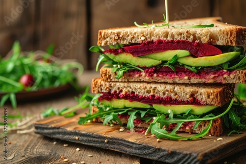 tasty and healthy vegan sandwich with beetroot hummus, avocado and salad photo