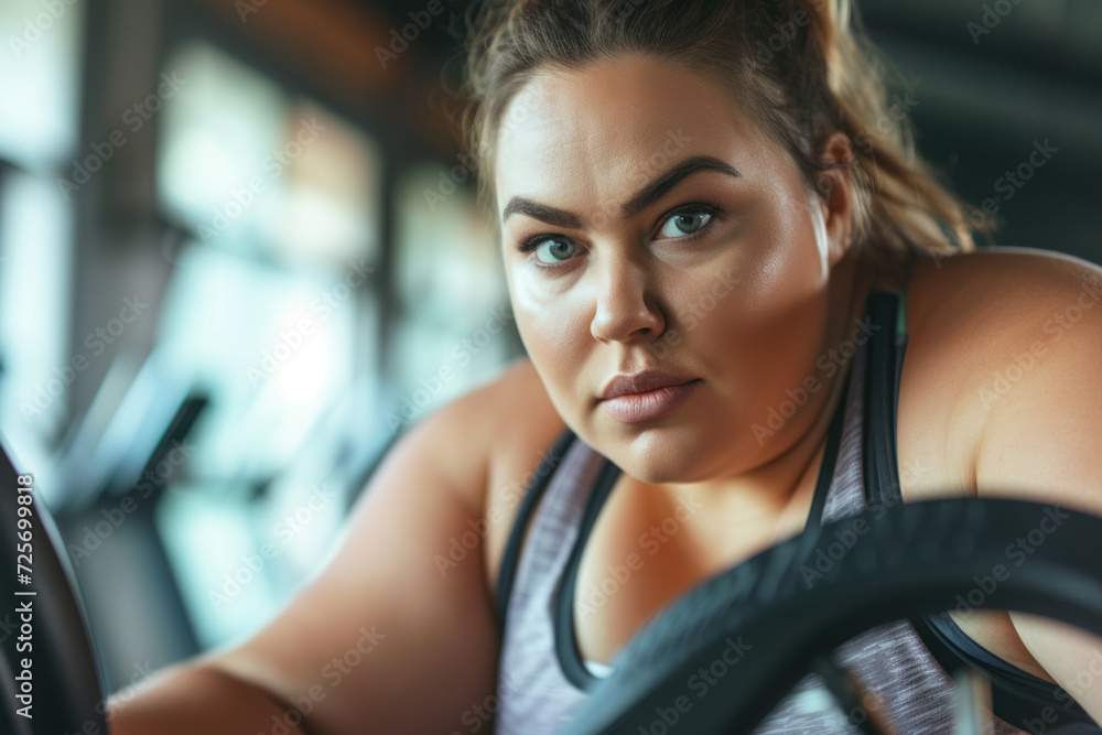 Close-up of a determined plus-size woman working out, embodying body positivity and fitness. Close-up of a determined plus-size woman working out, embodying body positivity and fitness.