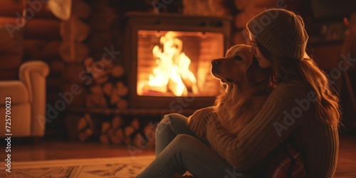 A woman and her dog sitting together in front of a cozy fireplace. Perfect for illustrating relaxation and companionship.