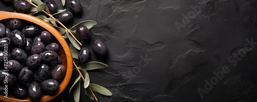 Many fresh and ripe black olives in wooden bowl, healthy food panorama banner. Generative Ai.