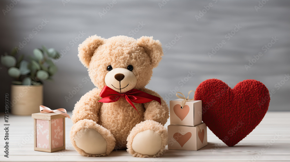 Romantic composition with a teddy bear, a gift and a decorative heart on the table. Romantic composition with a teddy bear, a gift and a decorative heart on the table.