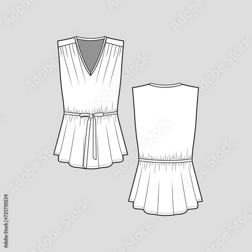 Sleeveless knotted top v neck waist gathering ruched knot tie fashion t shirt top blouse flat sketch technical drawing template design vector