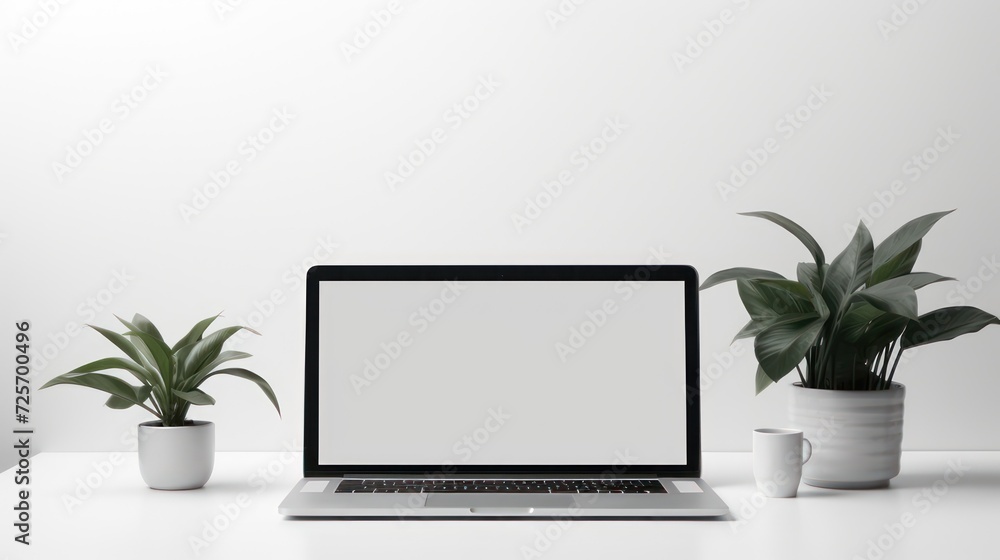 Set up laptop on work desk, with interior decoration of potted plants and coffee mugs. White wall background. Set up laptop on work desk, with interior decoration of potted plants and coffee mugs. White wall background.