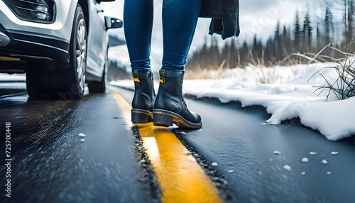 Car accident in winter, Woman waiting for help on the road after an accident on a snowy slippery road, following traffic rules,
