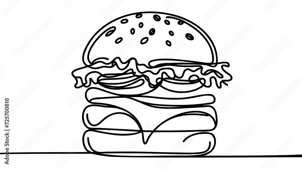 One line continuous cheeseburger symbol concept. Silhouette of fast food restaurant burger with cheese salad buns. One line continuous cheeseburger symbol concept. Silhouette of fast food restaurant burger with cheese salad buns.