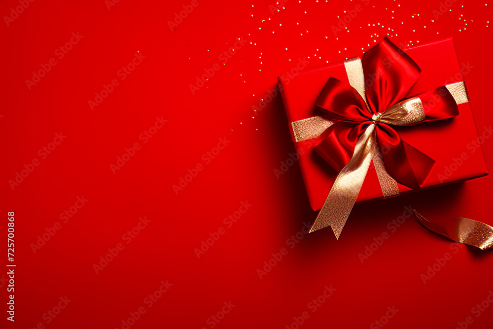 Red gift box with gold ribbon and bow on red background. Red gift box with gold ribbon and bow on red background.