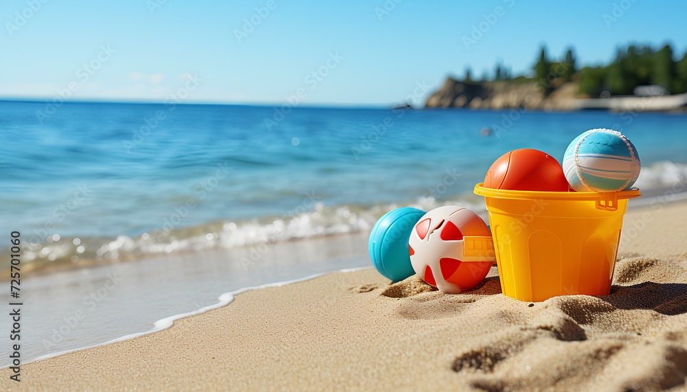 vacation on the beach. toys on the sand. toys on the beach. Bucket of beach balls and other beach toys in the sand on the beach during summertime. Summertime activities by the beach vacation on the beach. toys on the sand. toys on the beach. Bucket of beach balls and other beach toys in the sand on the beach during summertime. Summertime activities by the beach