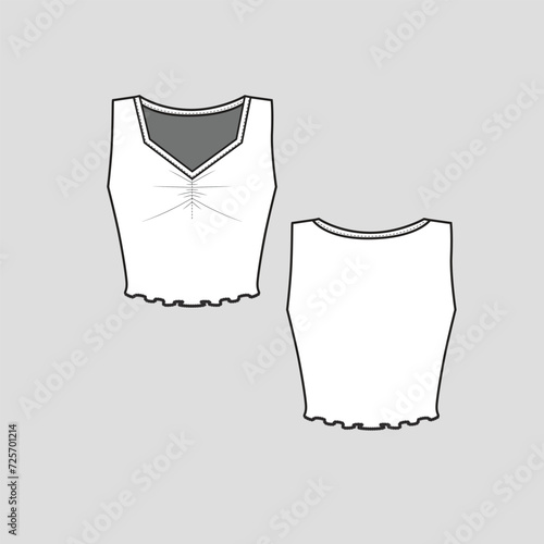 Sleeveless Lettuce hem Crop Top V Neck Ruched Detail lettuce cropped fashion T shirt blouse flat sketch technical drawing template design vector