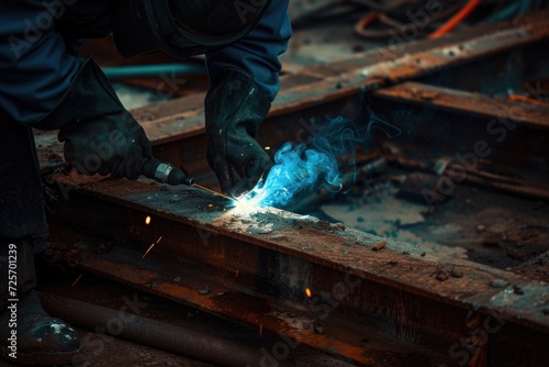 A welder is seen in the process of welding a piece of metal. This image can be used to showcase skilled craftsmanship and industrial work