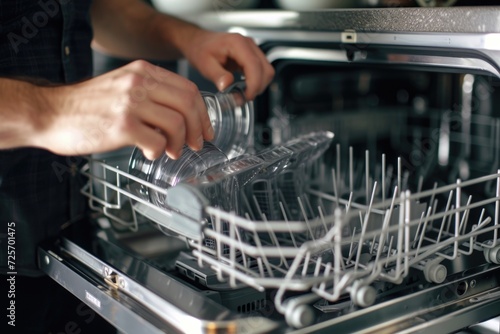 A close-up view of a person putting dishes in a dishwasher. This image can be used to showcase household chores or for illustrating modern kitchen appliances