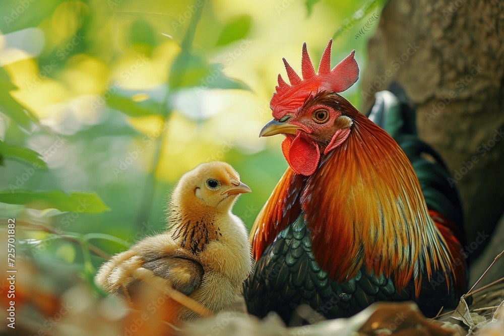 Fototapeta premium A rooster standing next to a baby chicken. This adorable image captures the relationship between a protective rooster and its young companion.