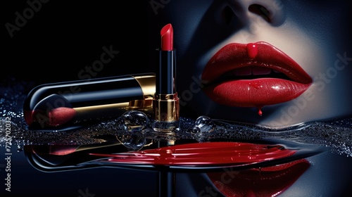 Beautiful female lips with red lipstick and reflection on black background