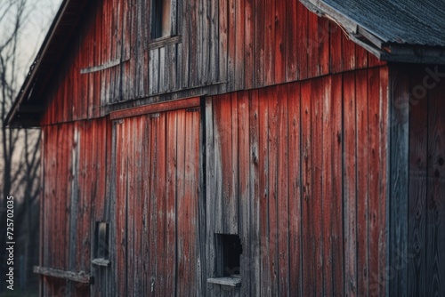 A picture of a red barn with a black roof and two windows. This image can be used to depict rural landscapes, farming, or traditional architecture