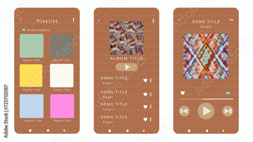 Mockup template for music player and display application charts for the most popular songs. Music player template with rusty brown theme and maze pattern with white background