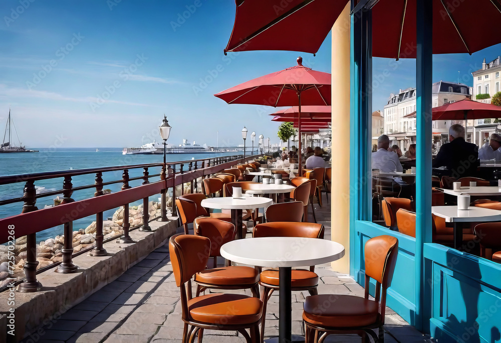 Outdoor cafe on the street, coffee with food on the table for lunch on the sea promenade, breakfast with coffee in a cafe,