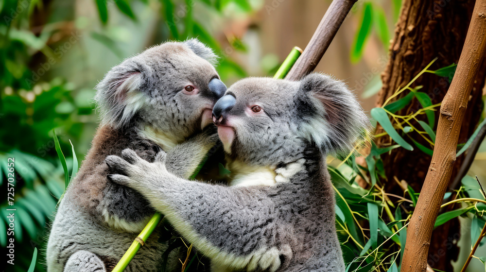 Fototapeta premium Two koalas communicate with each other on bamboo