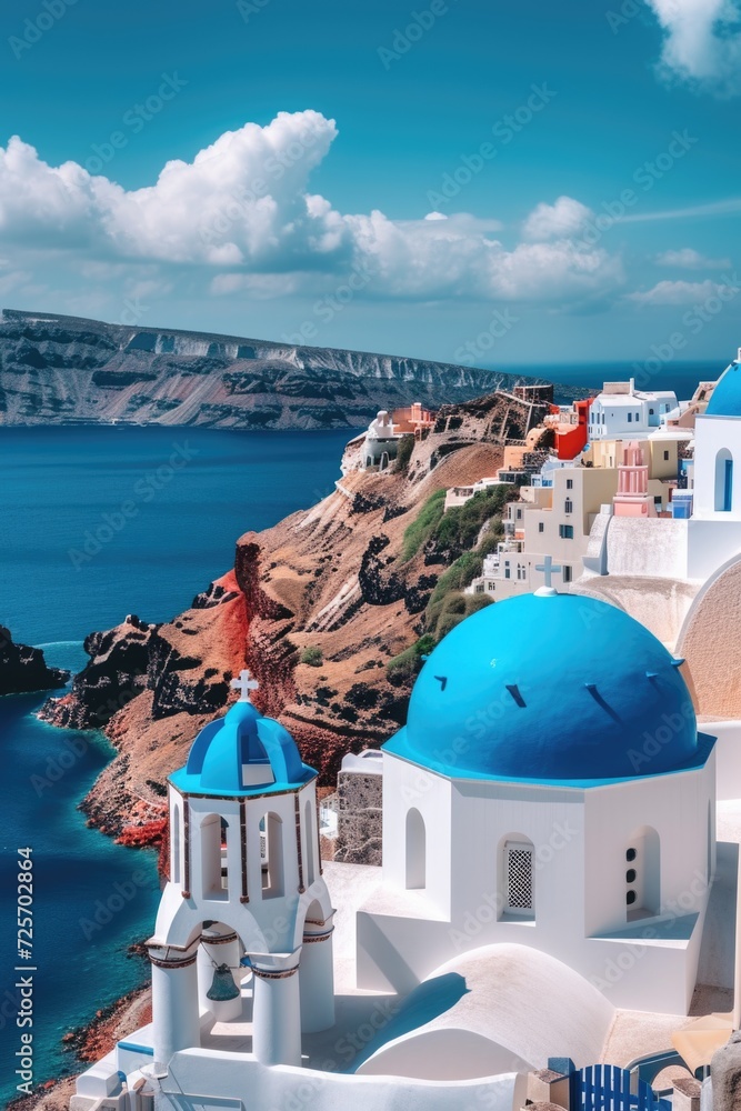 A picture of a blue and white building with a distinctive blue dome on top. This image can be used to depict architecture, travel destinations, or cultural landmarks