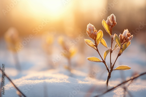 A spring flower bud on a plant enduring the snow and ice, new growth in the morning light © Galina Perevozova