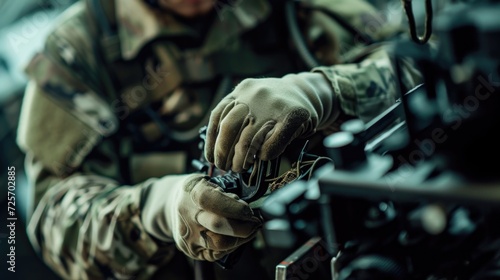 A man in a military uniform operating a machine. Suitable for military and industrial concepts