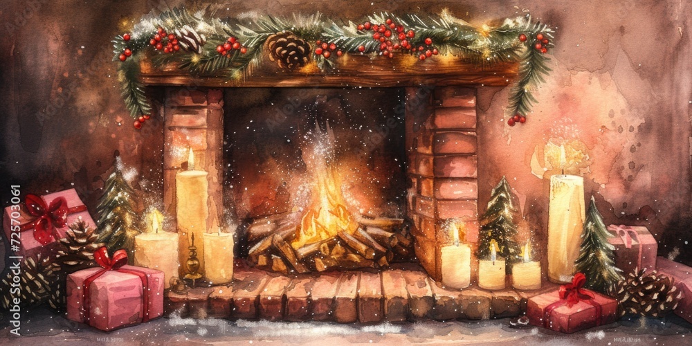 A cozy fireplace with beautifully wrapped presents around it. Perfect for holiday-themed designs and festive occasions A cozy fireplace with beautifully wrapped presents around it. Perfect for holiday-themed designs and festive occasions