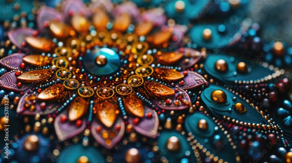 A detailed close-up view of a beaded brooch placed on a table. Perfect for fashion or jewelry-related projects - obrazy, fototapety, plakaty 
