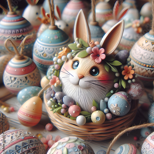 Close-up of creative intricate Easter crafts and decorations, decorative rabbit