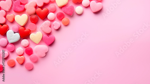 Heart shaped candies, flat lay, top view, empty space. Candies of different shapes on a pink background. Chewing gum for Valentine's Day
