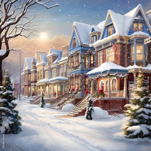 Beautiful winter Christmas landscape with snow covered houses and christmas trees