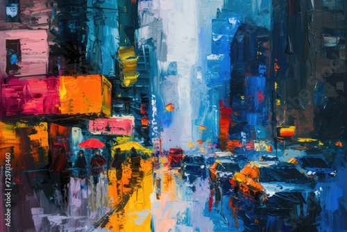 A captivating painting depicting a city street illuminated by the lights of the night. Perfect for adding a touch of urban charm to any space © Fotograf