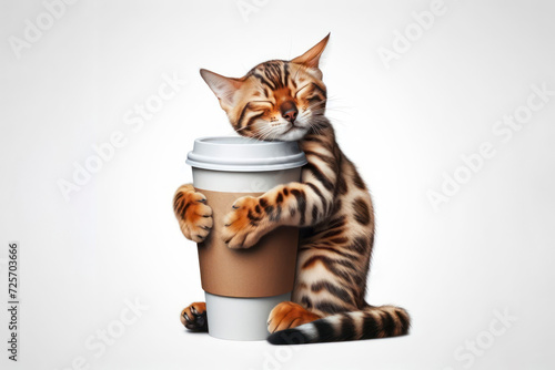 bengal cat hugs a coffee isolated on a white background. ai generative photo