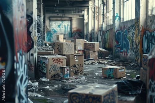 Graffiti-covered boxes fill the room, creating a unique urban atmosphere. Perfect for showcasing urban art or adding an edgy touch to creative projects photo