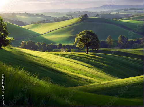 A lush, verdant landscape stretches out before you, with rolling hills and a vibrant green view field that seems to go on forever