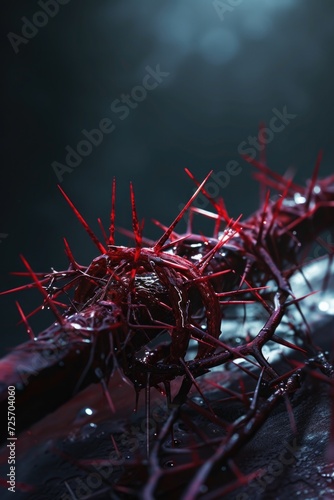 A close-up view of a crown of thorns placed on a cross. This image can be used to depict religious symbolism and the sacrifice of Jesus Christ