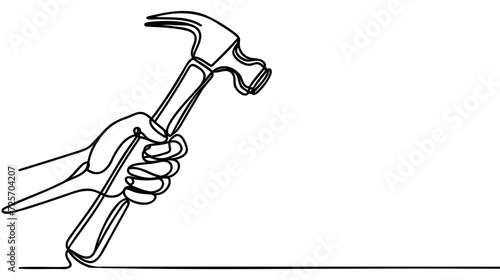 Continuous single one line drawing of hammer construction handyman tool and judge law vector illustration