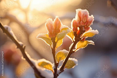 The beauty of bush buds coating of snow, blossoming spring branch of schrub with frost on cold sun