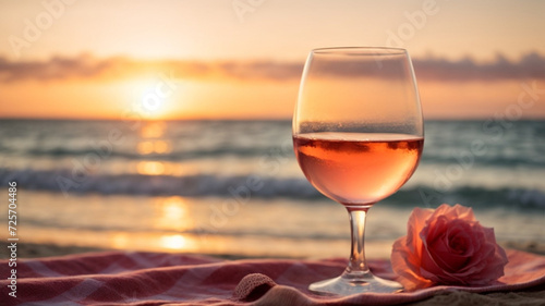 Rose wine glass on a beach towel. Beautiful summer picnic near the sea, copy space