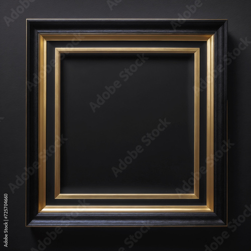 A black and gold picture frame that is elegant and modern is hanging on a black wall. ai generative