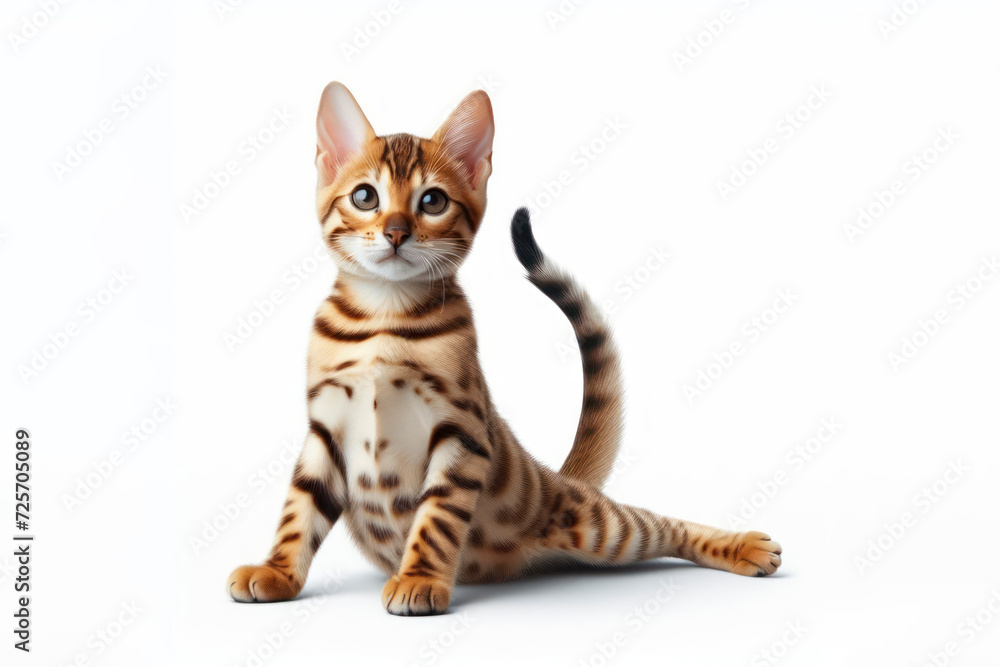 Cute bengal cat doing yoga isolated on a white background. ai generative